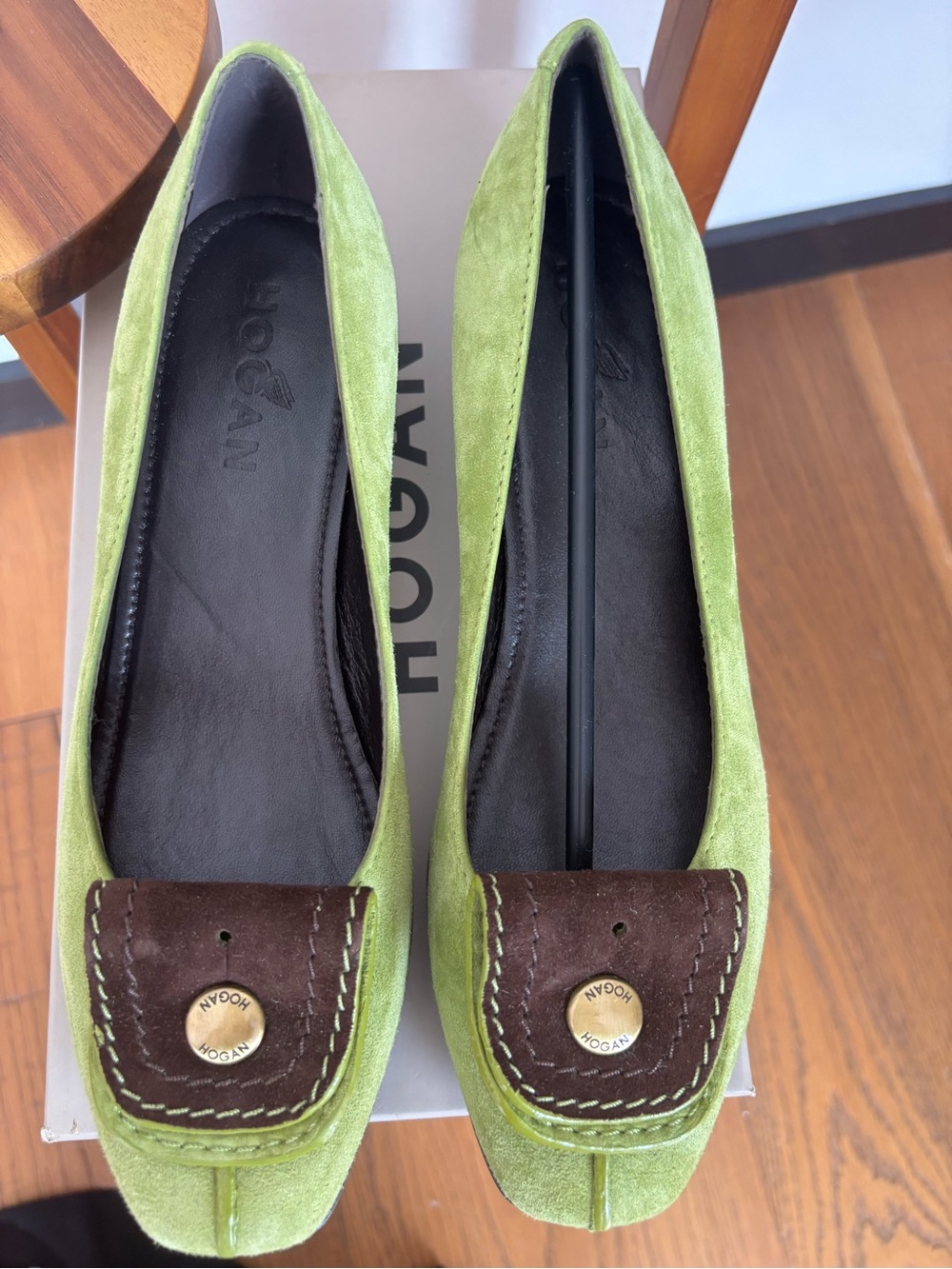 Hogan Green Suede Brown Leather Loafers Flats 36.5 Made in Italy, New w/Box